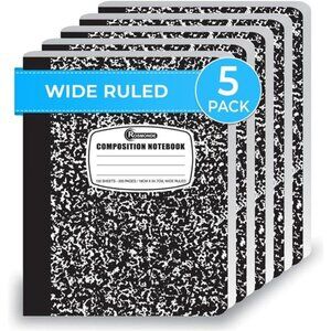 5 Packs Composition Notebook Wide Ruled 100 Sheets 9-3/4 x 7-1/2 School Supplies